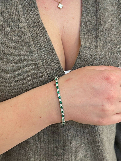 Tennis Bracelet SOLID 925 Sterling Silver Single Row Diamond and Green Emerald