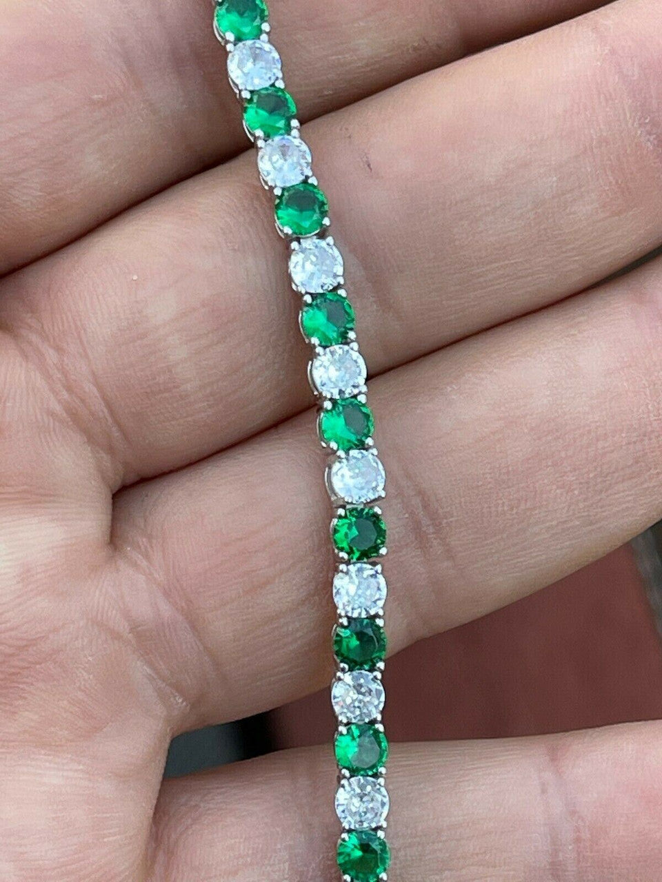Tennis Bracelet SOLID 925 Sterling Silver Single Row Diamond and Green Emerald