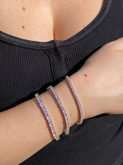 Tennis Bracelet SOLID 925 Sterling Silver Single Row Diamond and Pink Sapphire