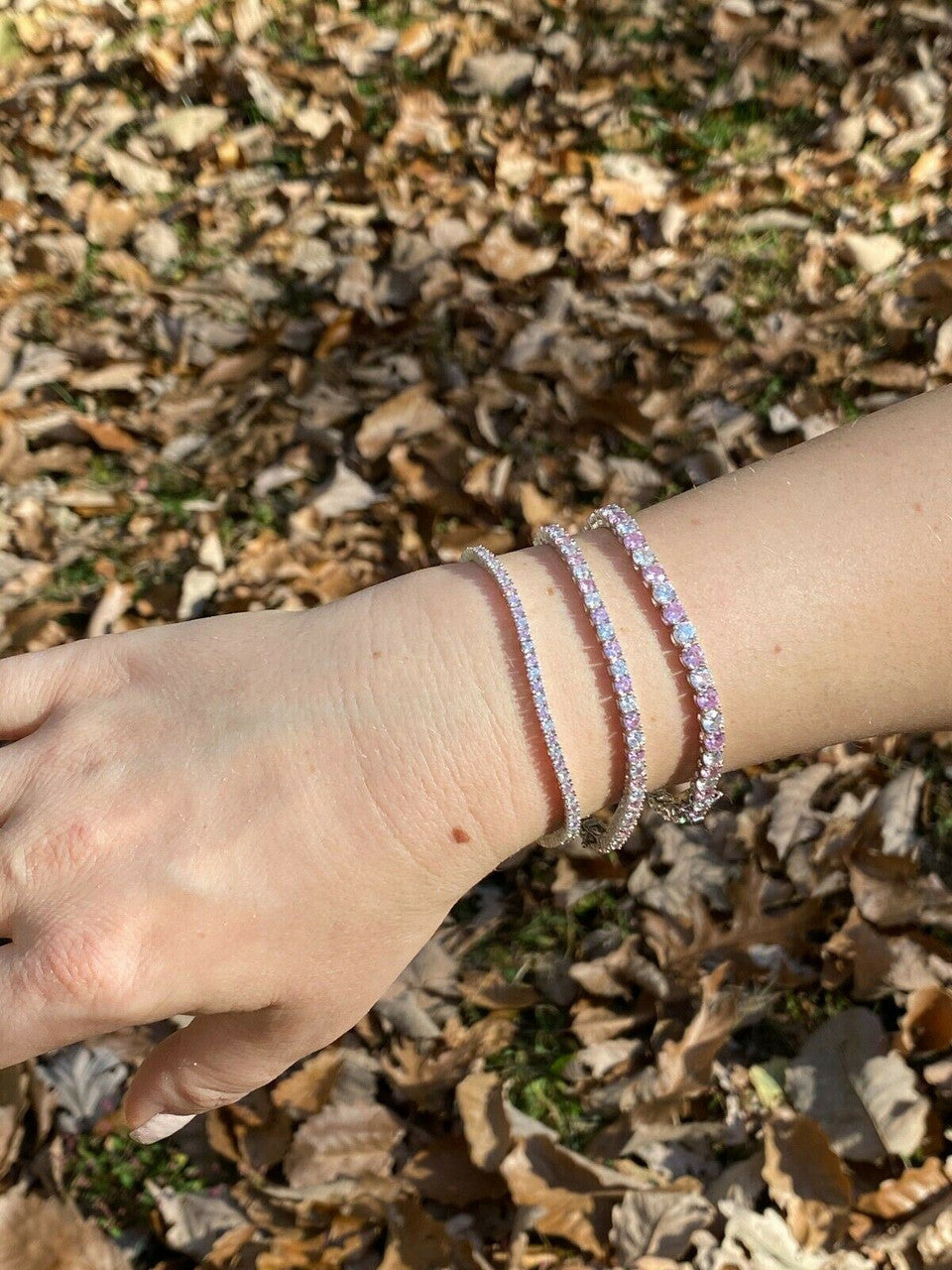 Tennis Bracelet SOLID 925 Sterling Silver Single Row Diamond and Pink Sapphire