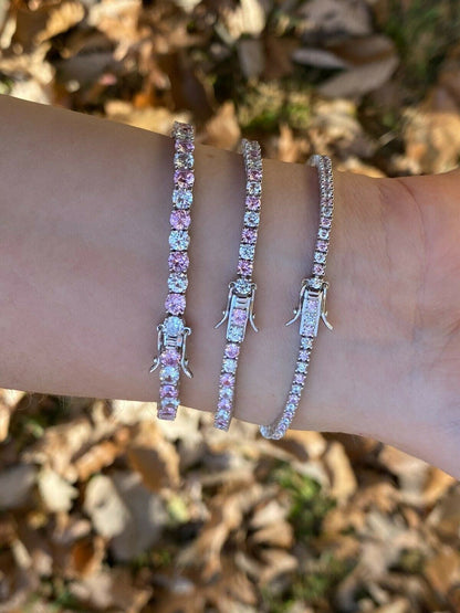 Tennis Bracelet SOLID 925 Sterling Silver Single Row Diamond and Pink Sapphire