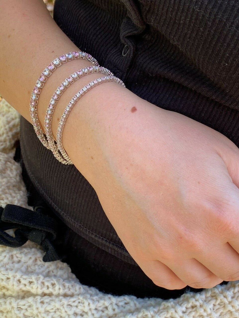 Tennis Bracelet SOLID 925 Sterling Silver Single Row Diamond and Pink Sapphire