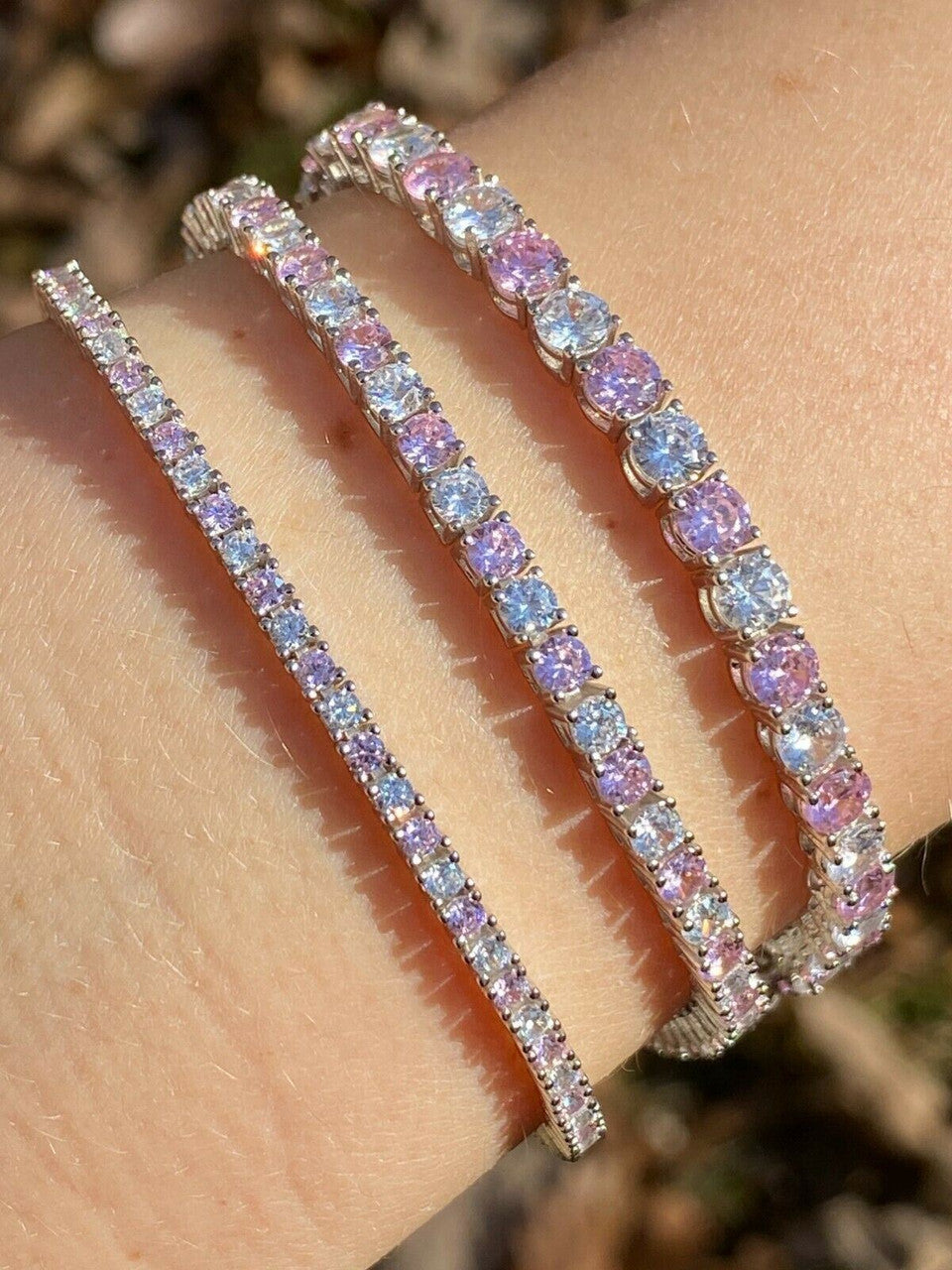 Tennis Bracelet SOLID 925 Sterling Silver Single Row Diamond and Pink Sapphire