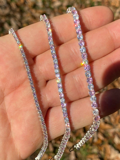 Tennis Bracelet SOLID 925 Sterling Silver Single Row Diamond and Pink Sapphire