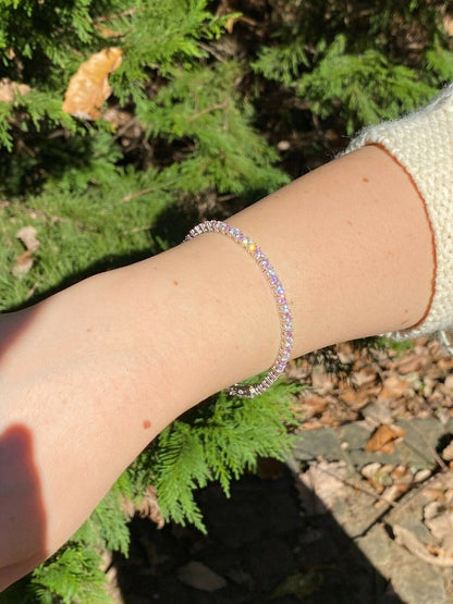 Tennis Bracelet SOLID 925 Sterling Silver Single Row Diamond and Pink Sapphire