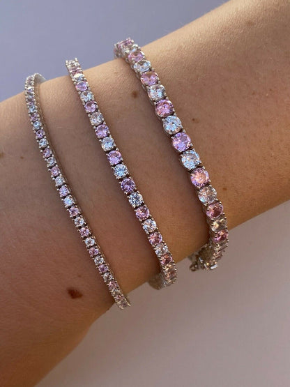 Tennis Bracelet SOLID 925 Sterling Silver Single Row Diamond and Pink Sapphire