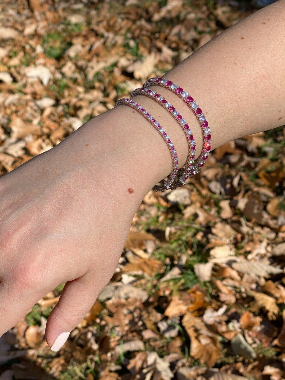 Tennis Bracelet SOLID 925 Sterling Silver Single Row Diamond and Ruby 2-4mm 6-8