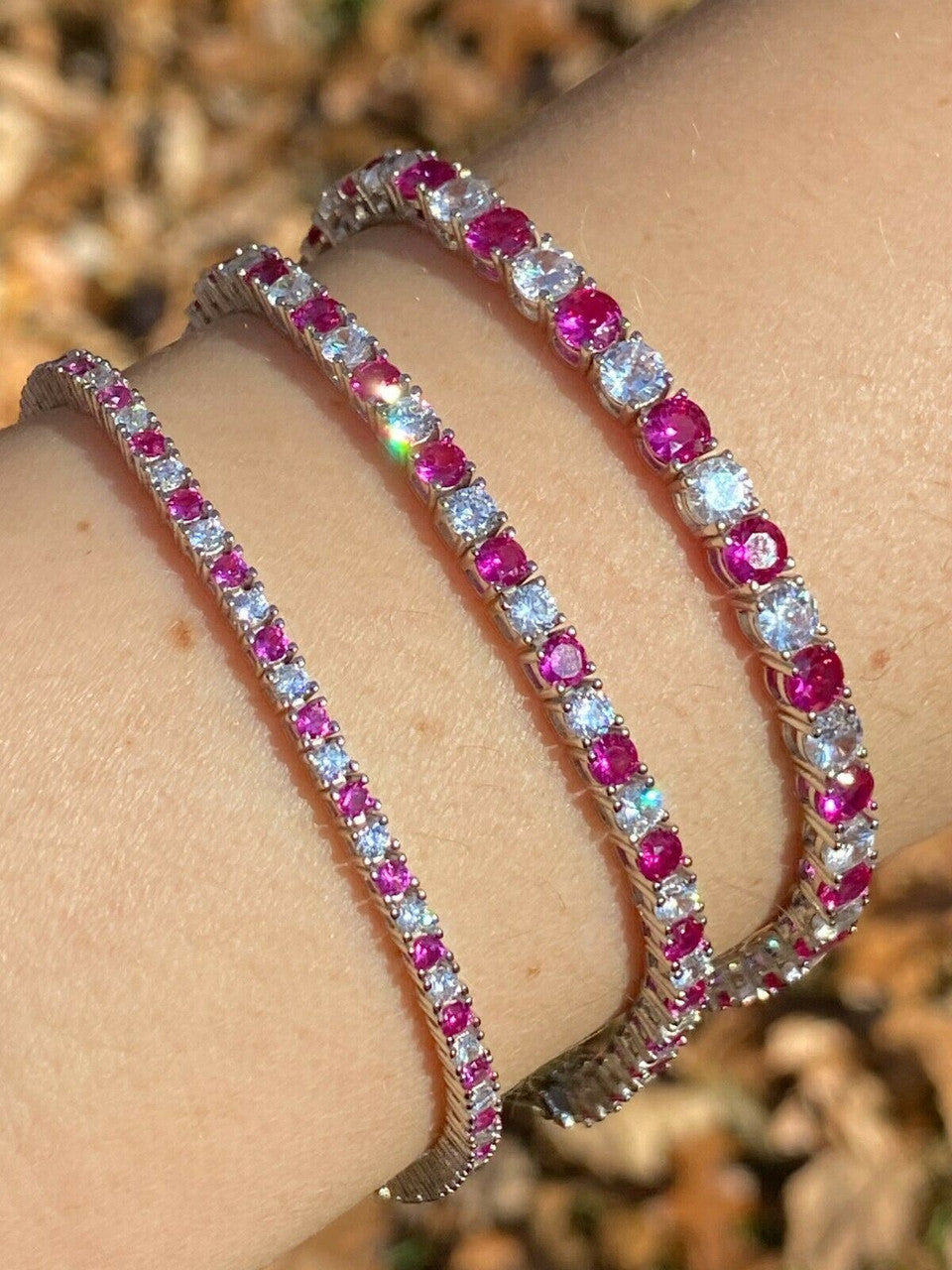 Tennis Bracelet SOLID 925 Sterling Silver Single Row Diamond and Ruby 2-4mm 6-8