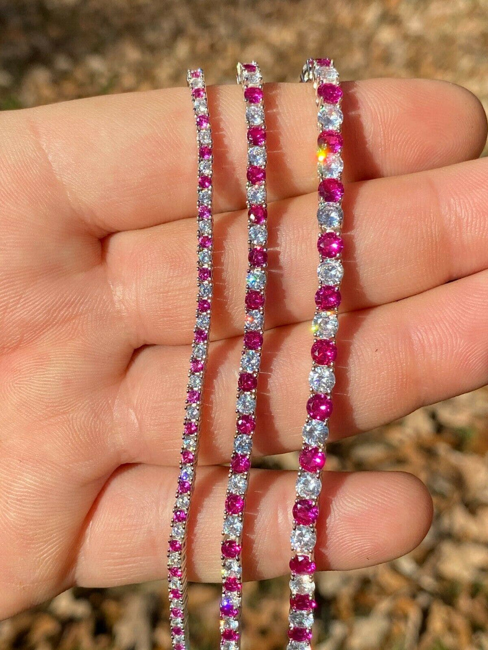 Tennis Bracelet SOLID 925 Sterling Silver Single Row Diamond and Ruby 2-4mm 6-8