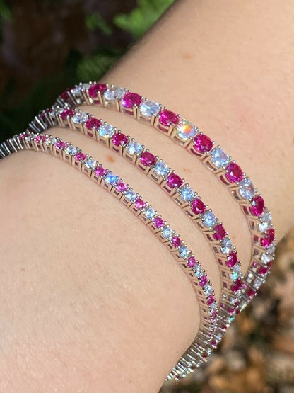 Tennis Bracelet SOLID 925 Sterling Silver Single Row Diamond and Ruby 2-4mm 6-8
