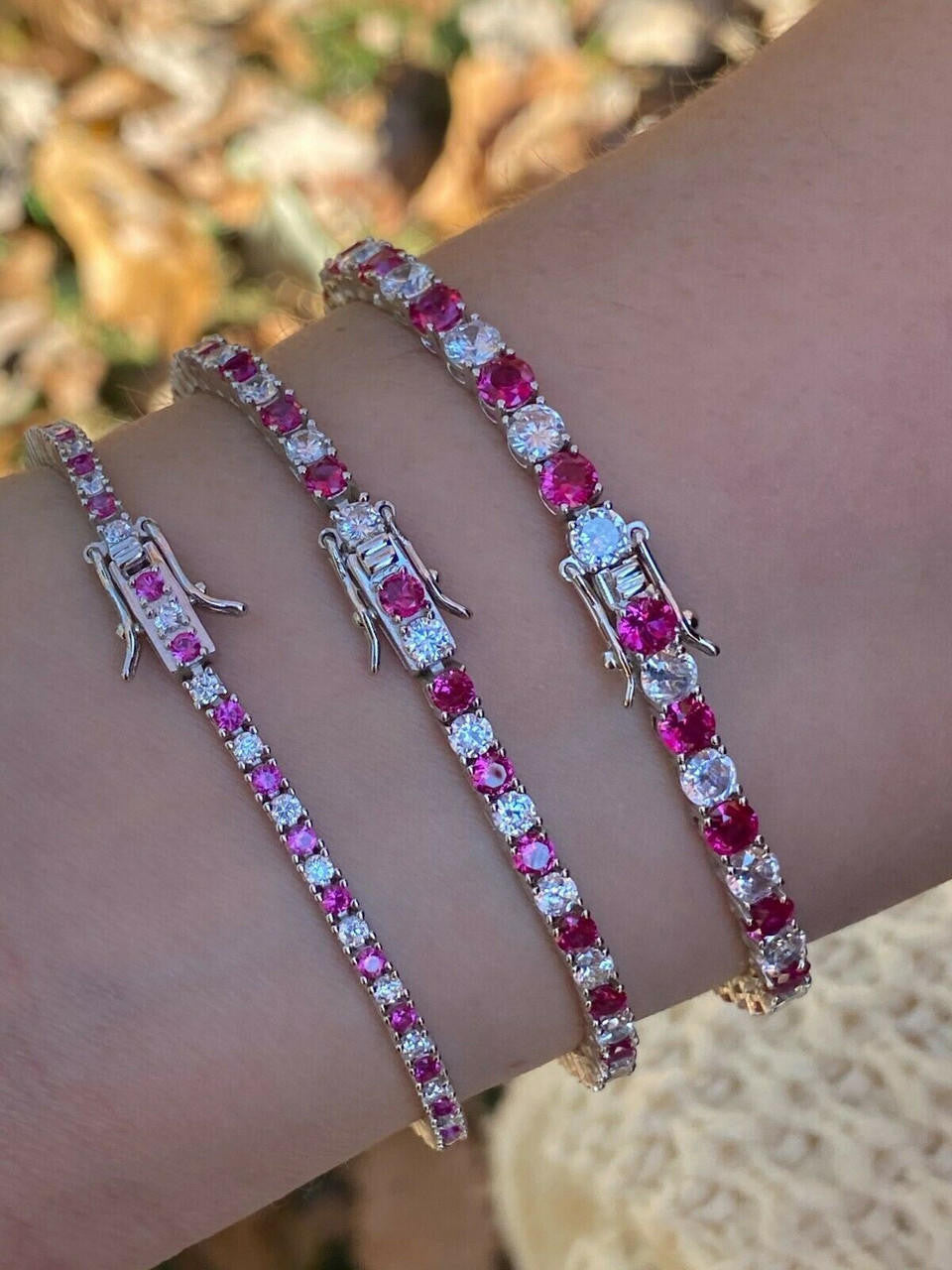 Tennis Bracelet SOLID 925 Sterling Silver Single Row Diamond and Ruby 2-4mm 6-8