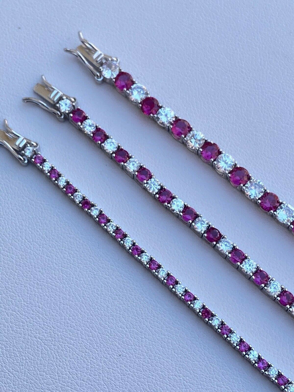 Tennis Bracelet SOLID 925 Sterling Silver Single Row Diamond and Ruby 2-4mm 6-8