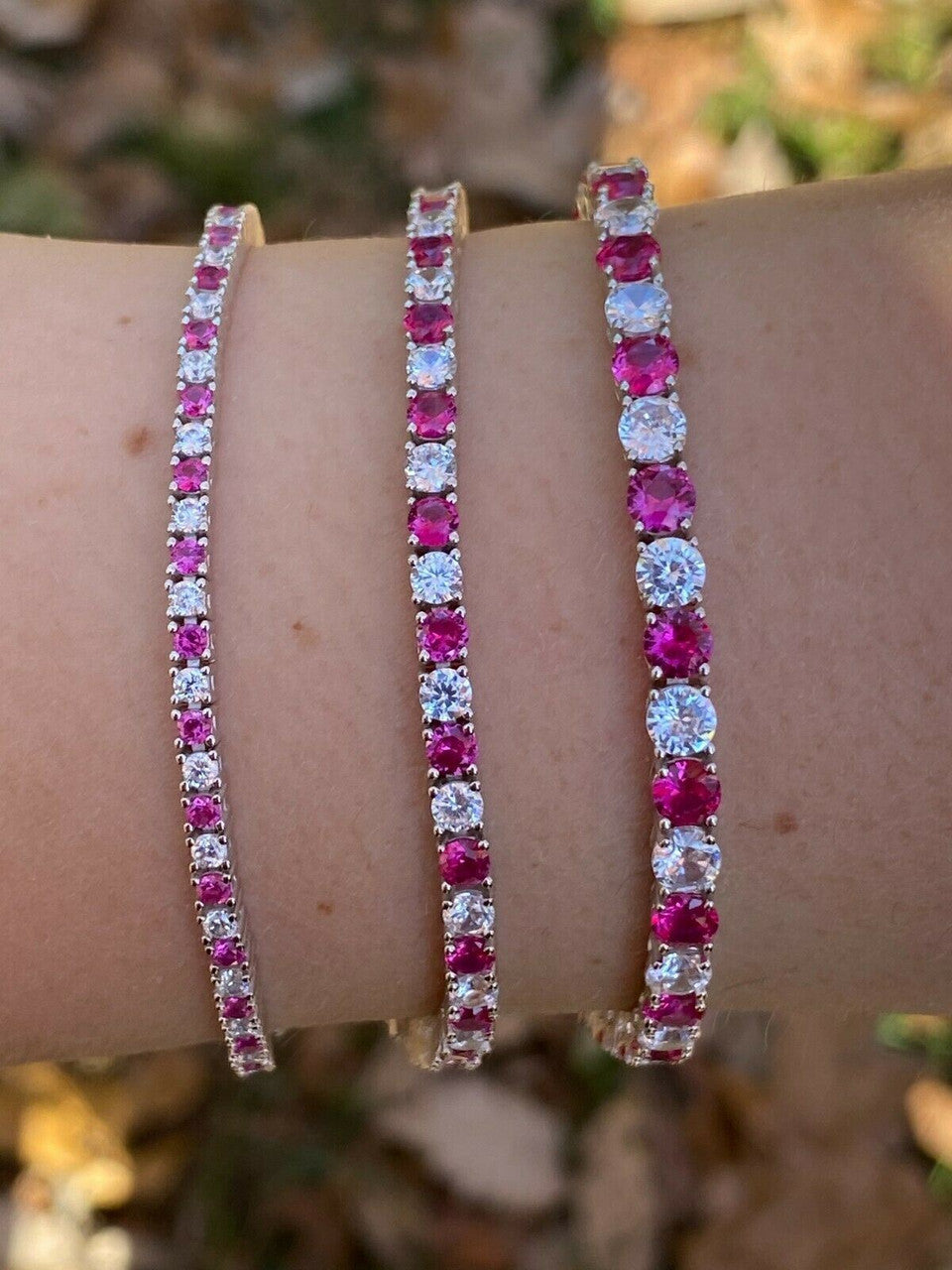 Tennis Bracelet SOLID 925 Sterling Silver Single Row Diamond and Ruby 2-4mm 6-8