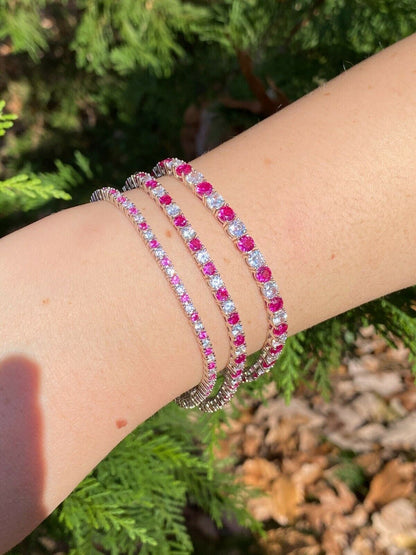 Tennis Bracelet SOLID 925 Sterling Silver Single Row Diamond and Ruby 2-4mm 6-8