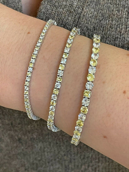 Tennis Bracelet SOLID 925 Sterling Silver Single Row Diamond and Yellow Sapphire