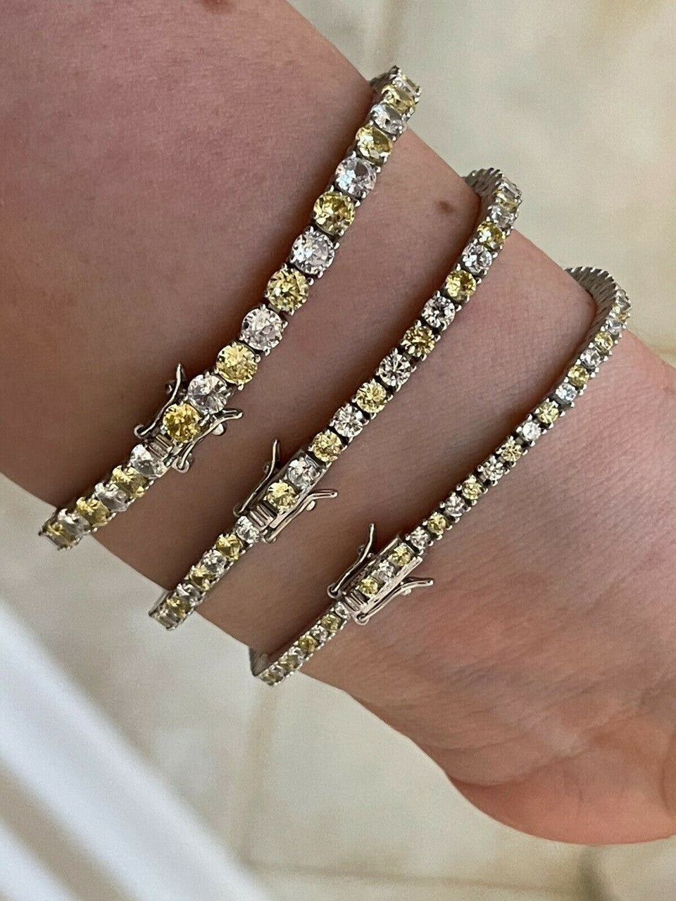 Tennis Bracelet SOLID 925 Sterling Silver Single Row Diamond and Yellow Sapphire