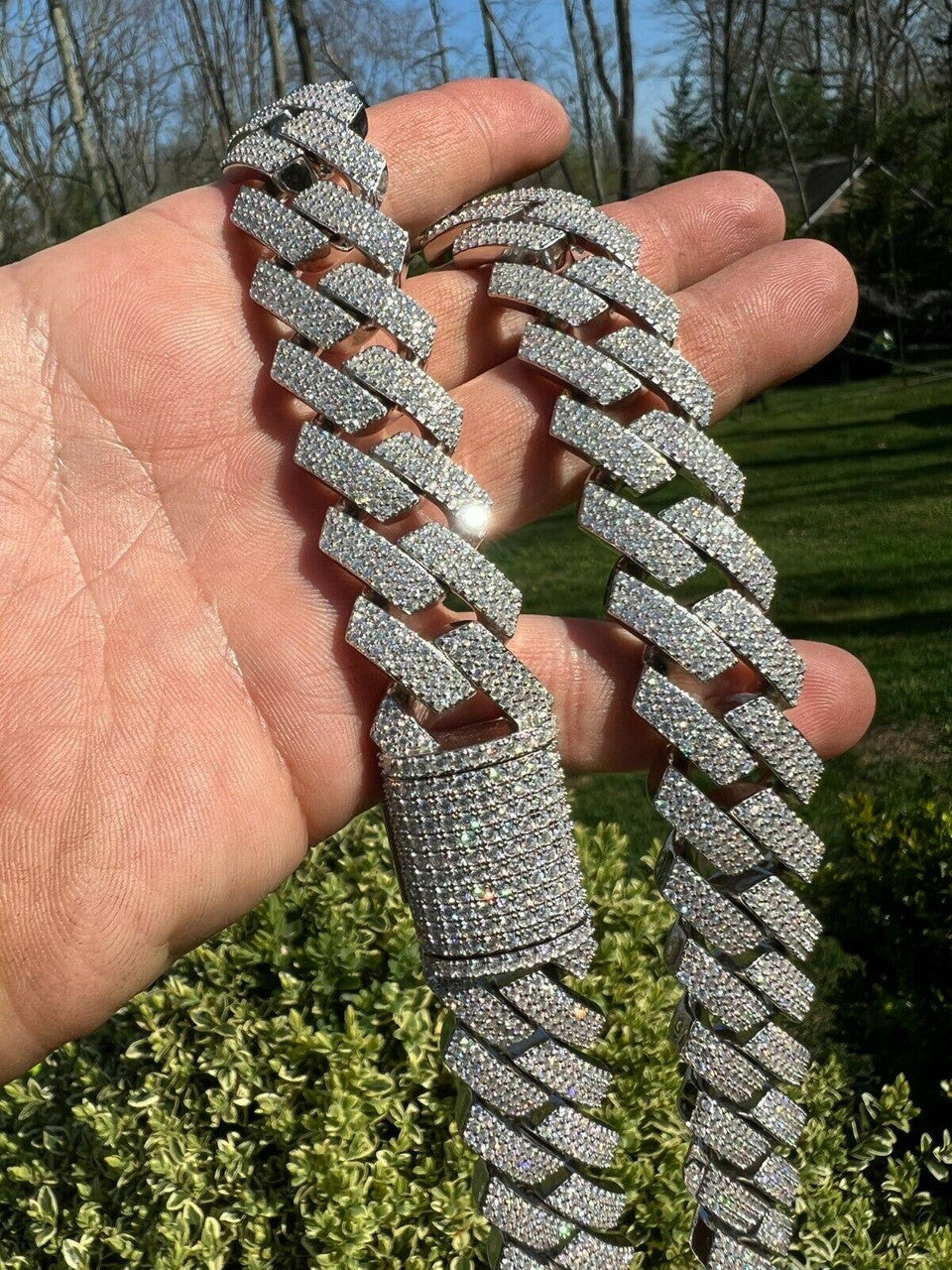 THICK 22mm MOISSANITE Prong Cuban Link Chain 925 Silver Iced Pass Diamond Tester