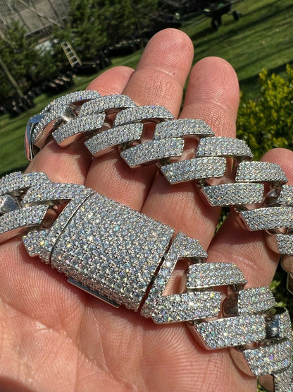 THICK 22mm MOISSANITE Prong Cuban Link Chain 925 Silver Iced Pass Diamond Tester