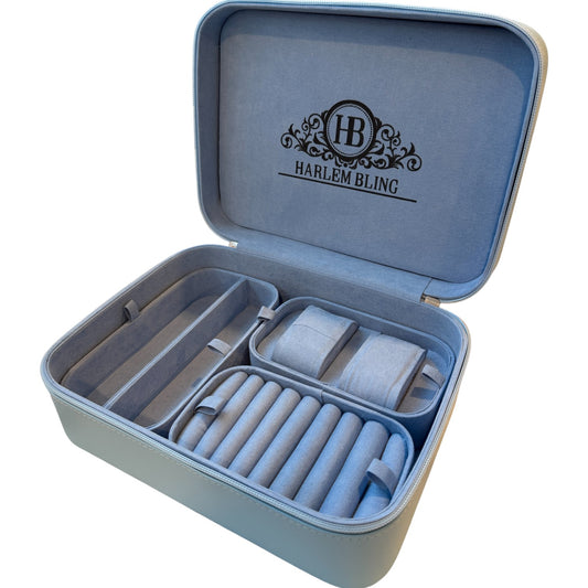Harlembling Leather Travel Jewelry Box Carrying Case - Blue