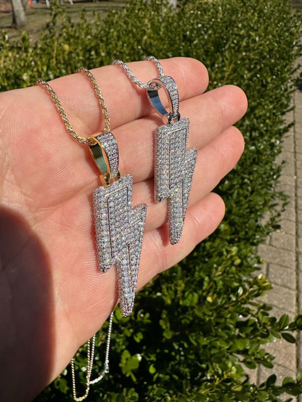 VVS MOISSANITE Iced Hip Hop Real Silver / Gold Lightning Bolt Necklace Pendant