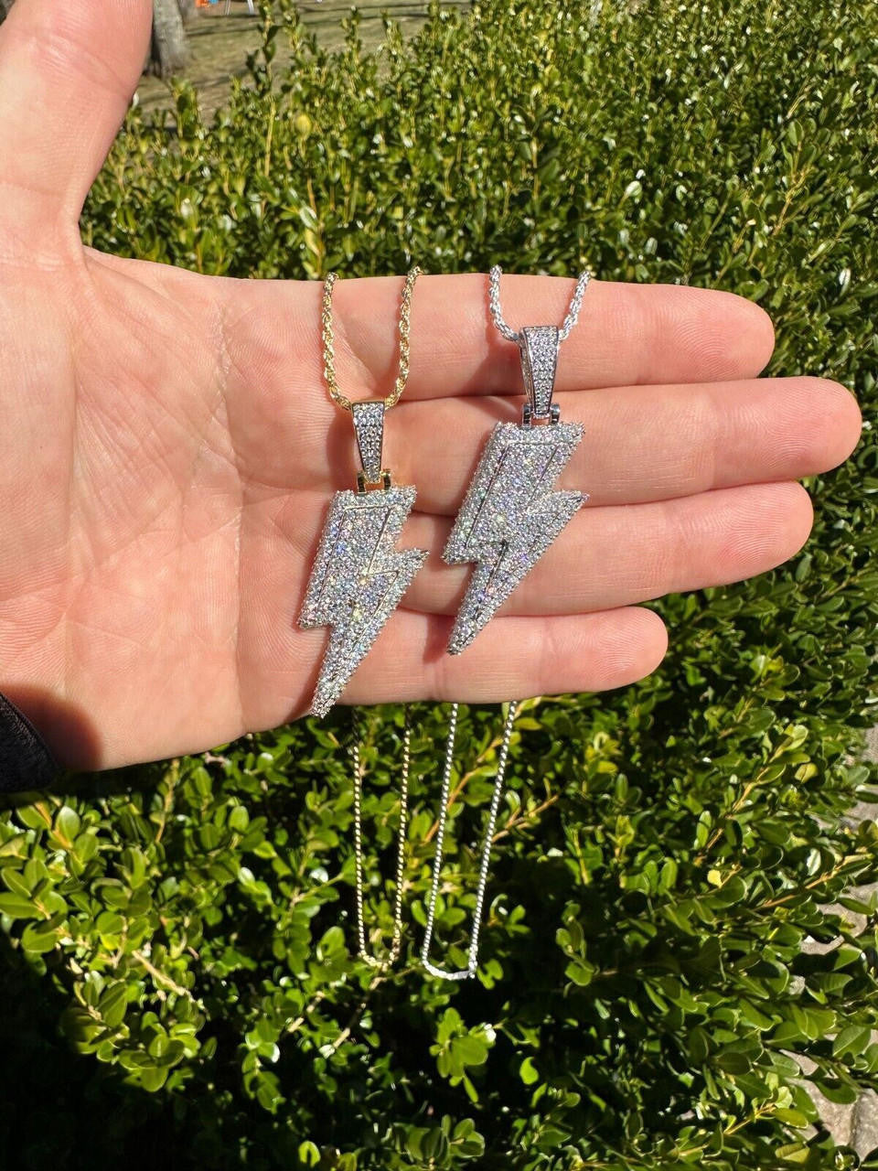 VVS MOISSANITE Iced Hip Hop Real Silver / Gold Lightning Bolt Necklace Pendant