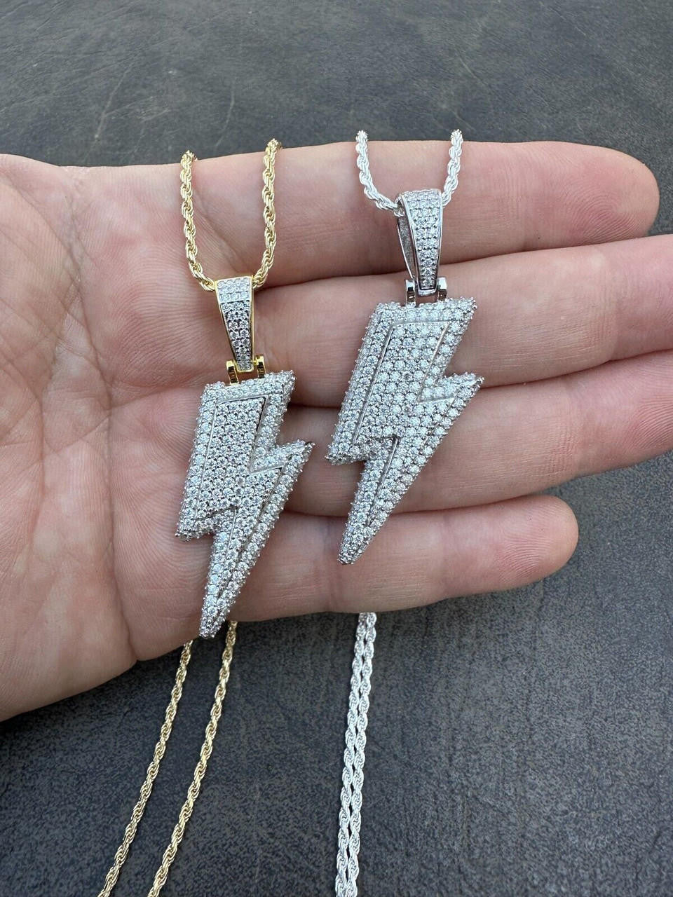 VVS MOISSANITE Iced Hip Hop Real Silver / Gold Lightning Bolt Necklace Pendant