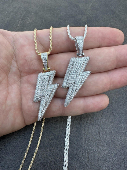 VVS MOISSANITE Iced Hip Hop Real Silver / Gold Lightning Bolt Necklace Pendant