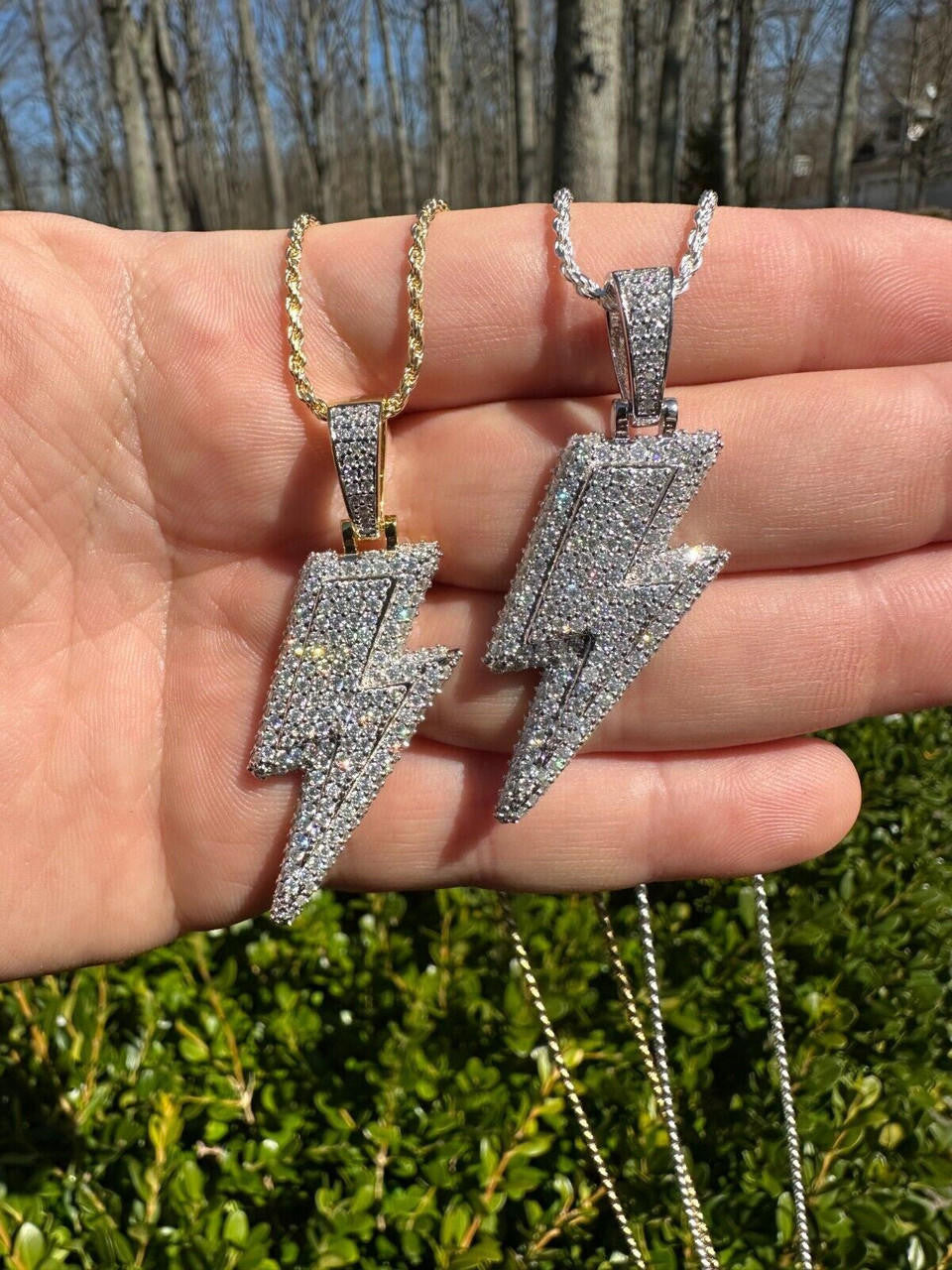VVS MOISSANITE Iced Hip Hop Real Silver / Gold Lightning Bolt Necklace Pendant
