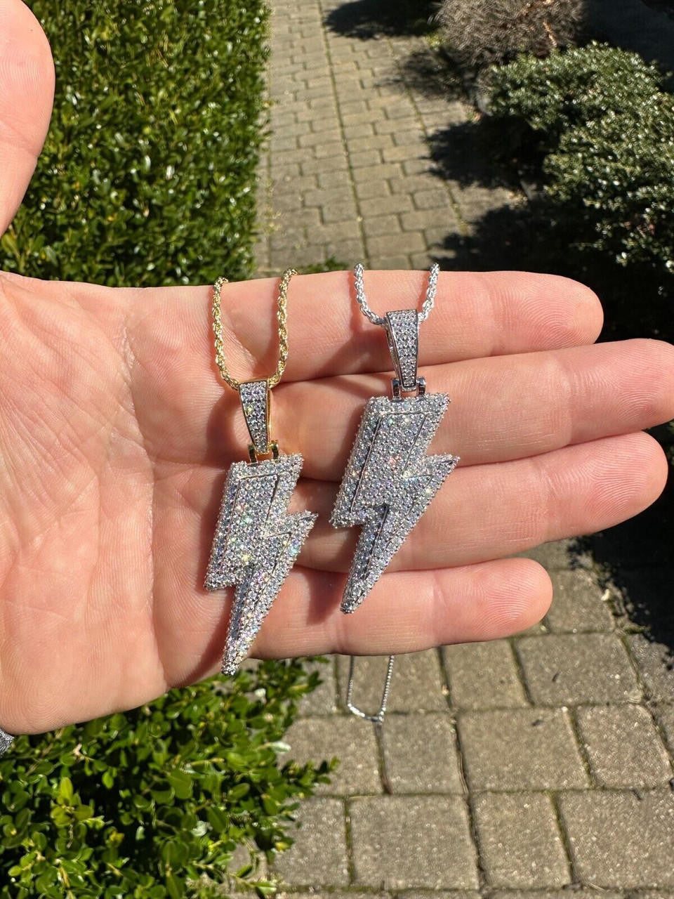 VVS MOISSANITE Iced Hip Hop Real Silver / Gold Lightning Bolt Necklace Pendant