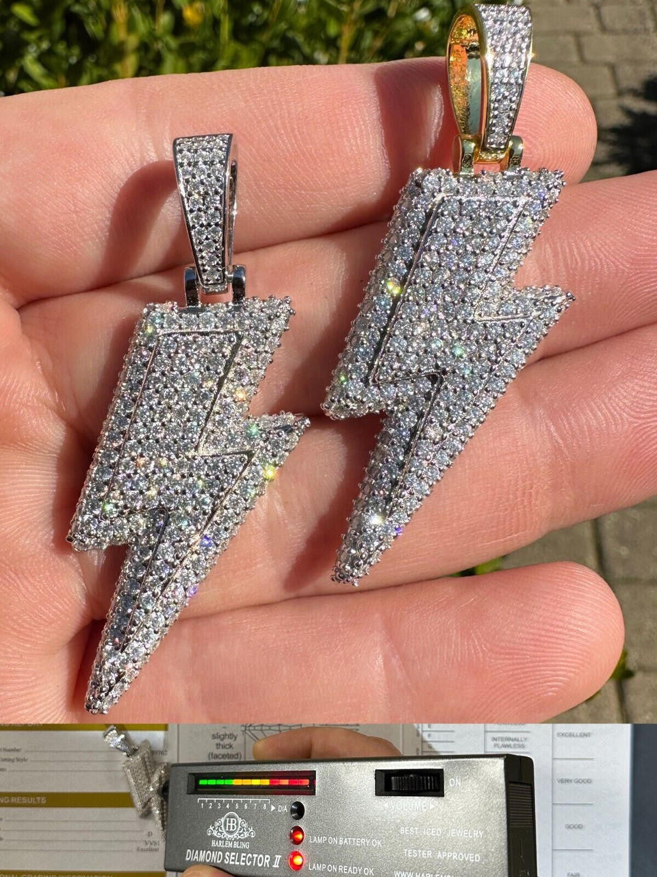 VVS MOISSANITE Iced Hip Hop Real Silver / Gold Lightning Bolt Necklace Pendant